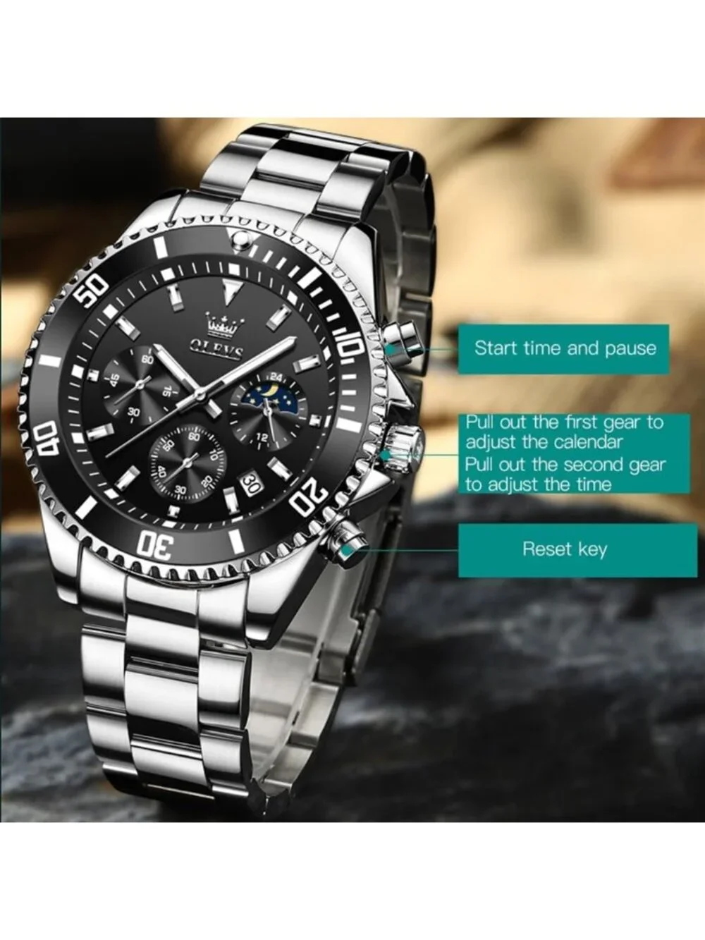 Men's Black Silver Premium Stainless Analog Rotatable Bezel Date Steel Watch